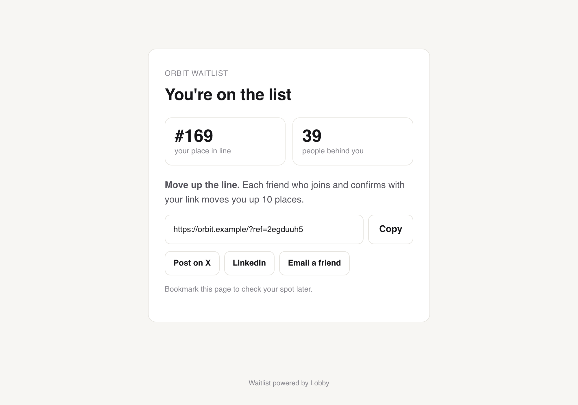 Status page with place in line and referral link